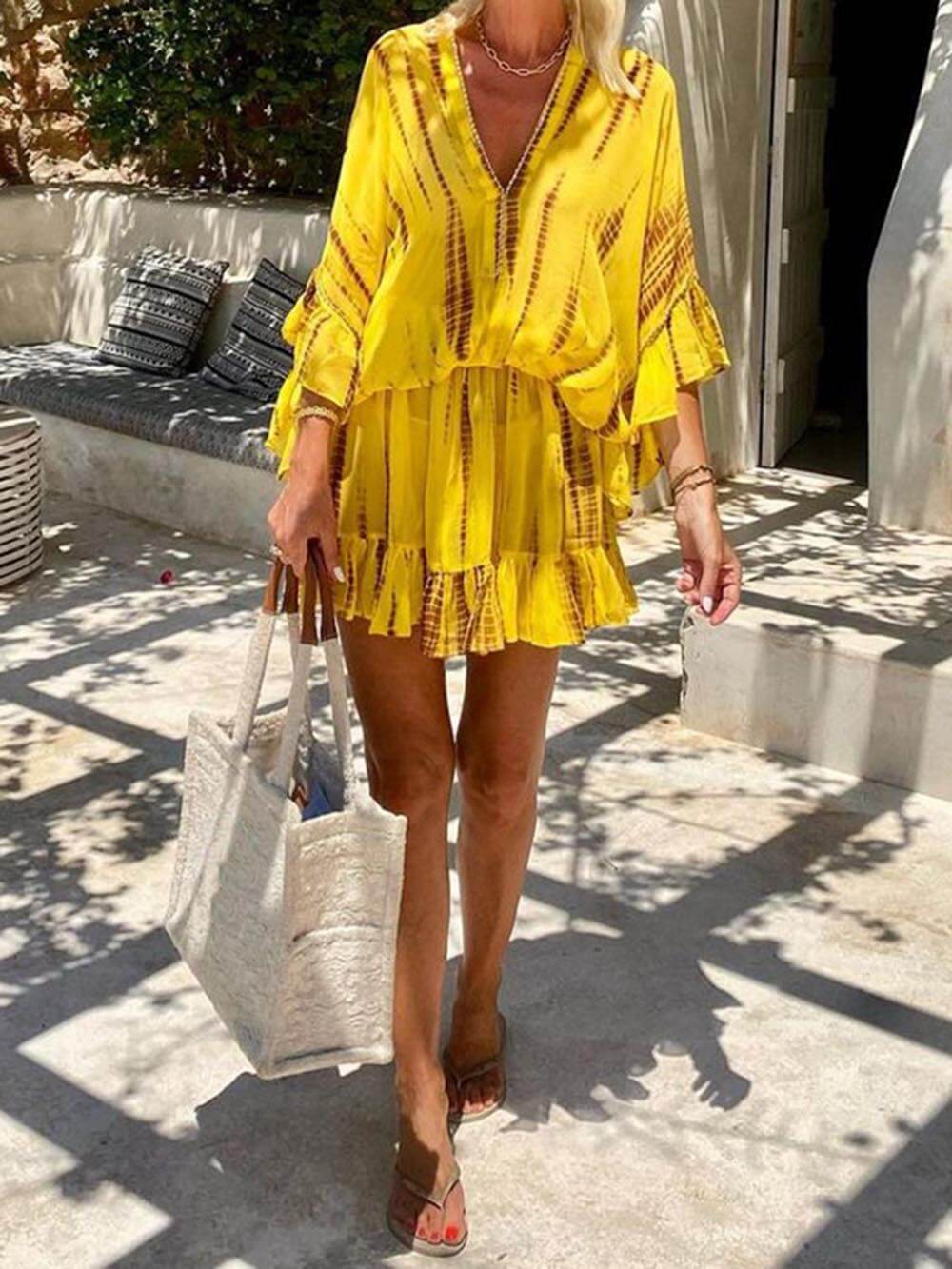 Einzigartiges Kaftan-Minikleid mit Batikmuster, Fledermausärmeln und elastischer Taille