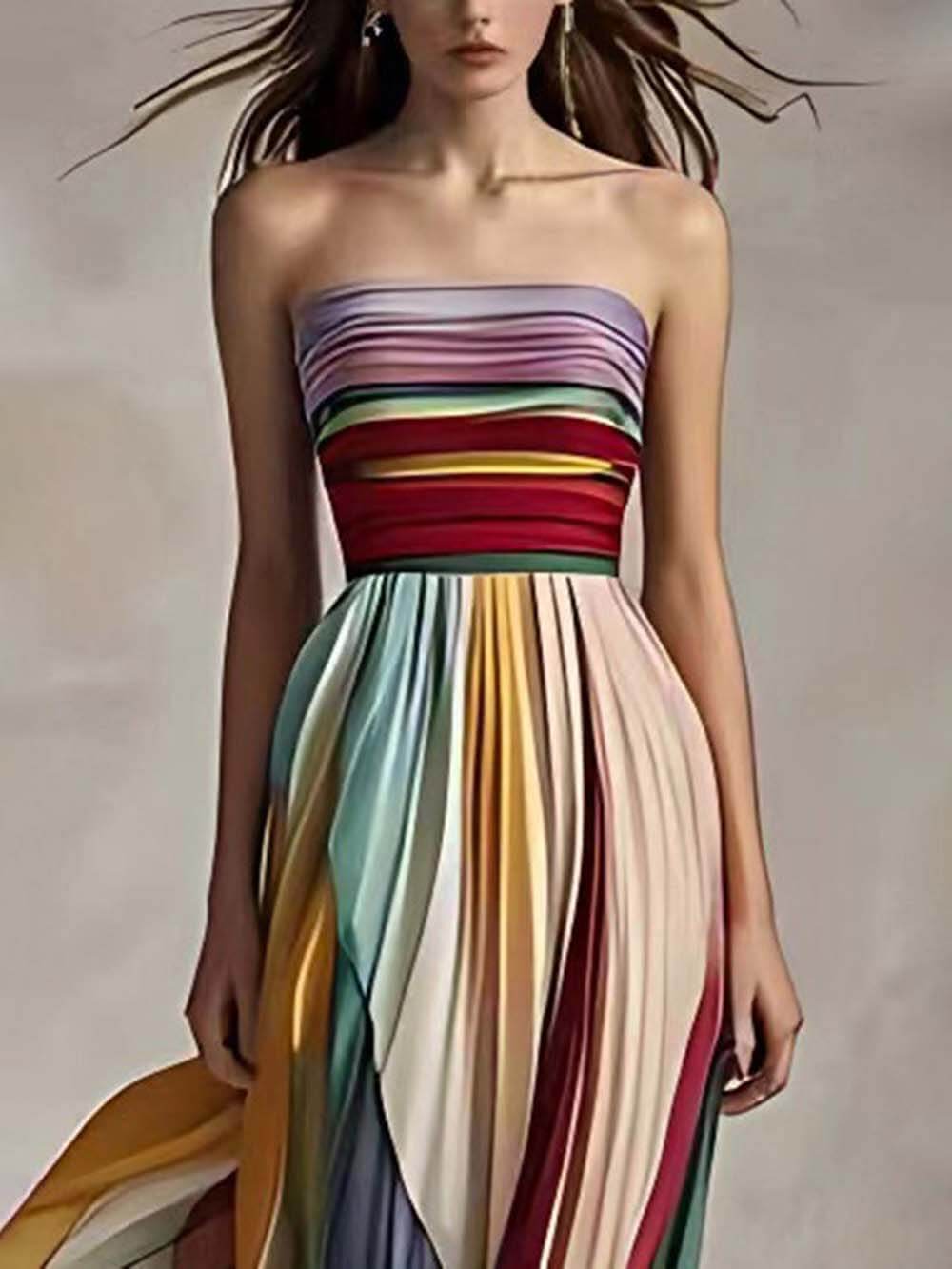 Elegantes, gestreiftes, bedrucktes, schulterfreies, plissiertes Bandeau-Maxikleid