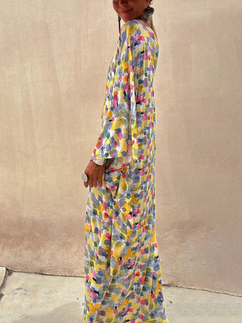 Lässiges, schulterfreies Maxikleid mit Tintenfarbdruck