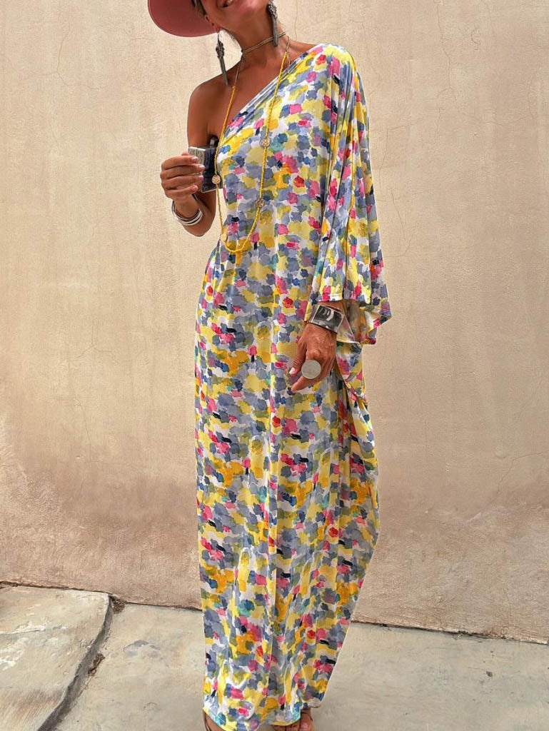 Lässiges, schulterfreies Maxikleid mit Tintenfarbdruck
