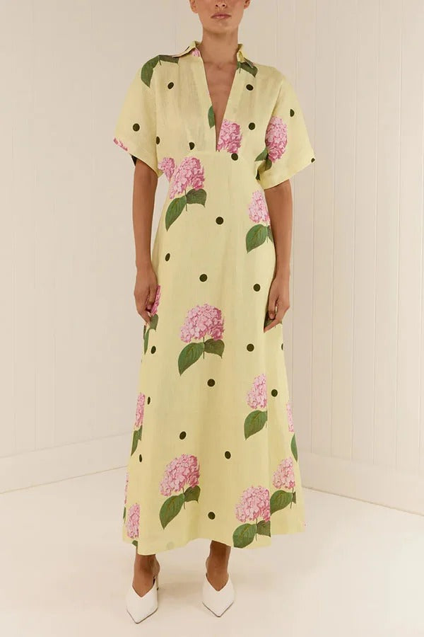 Jasmine – Maxikleid aus Leinenmischung mit Blumenmuster und Punkten und weiten Ärmeln