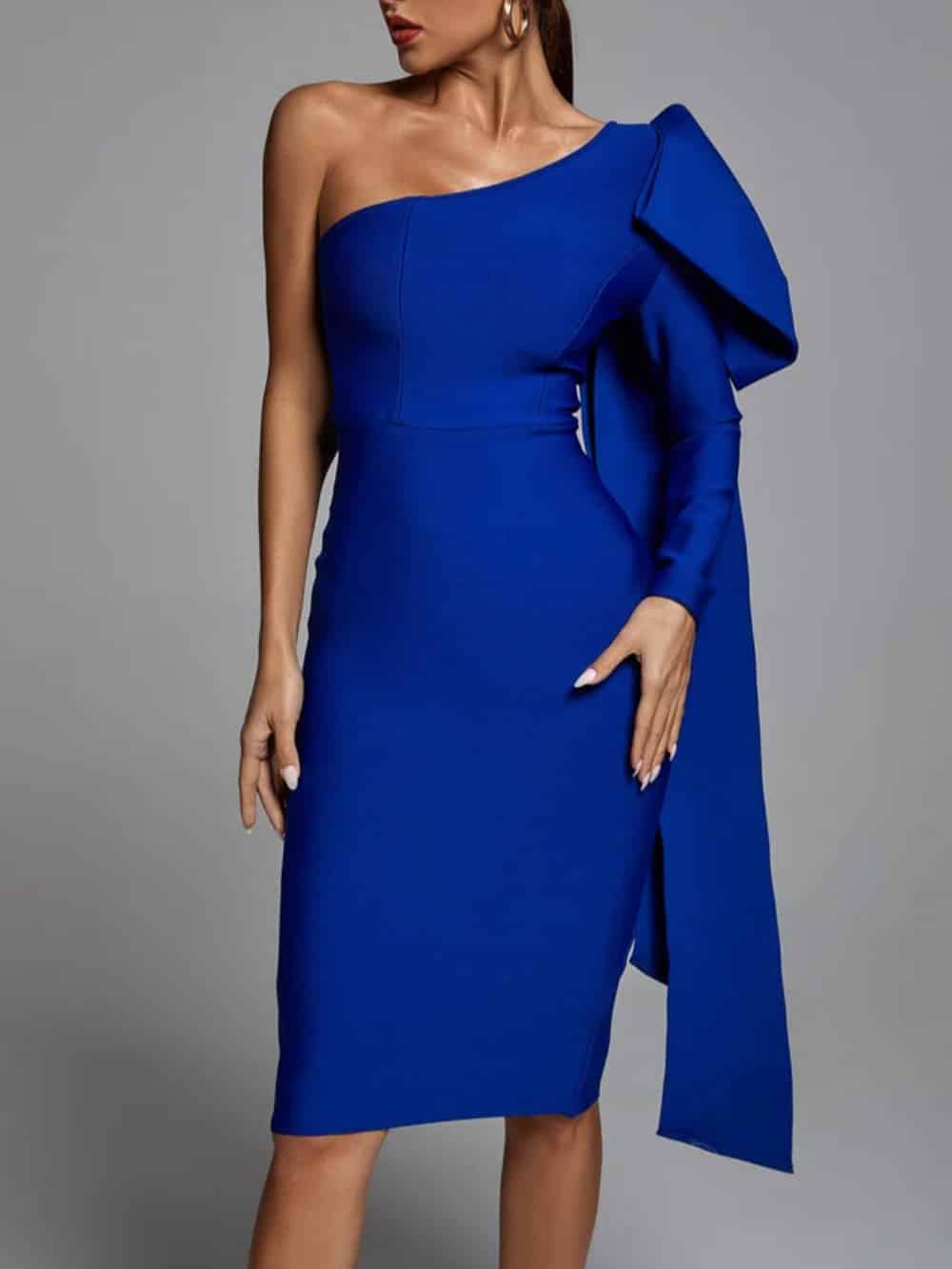 Abbey – Blaues One-Shoulder-Bandage-Kleid