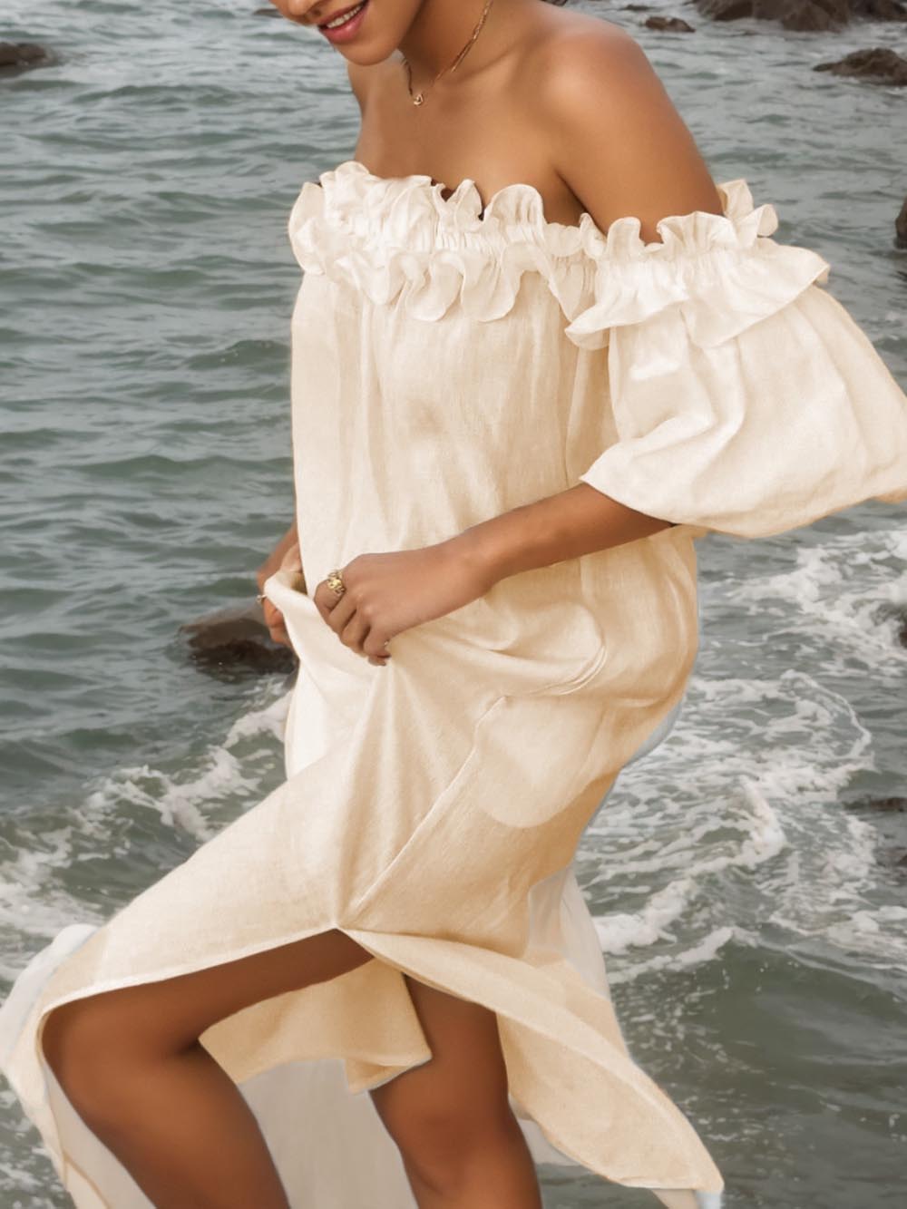 Schulterfreies Midikleid mit Rüschen, Puffärmeln und Taschen