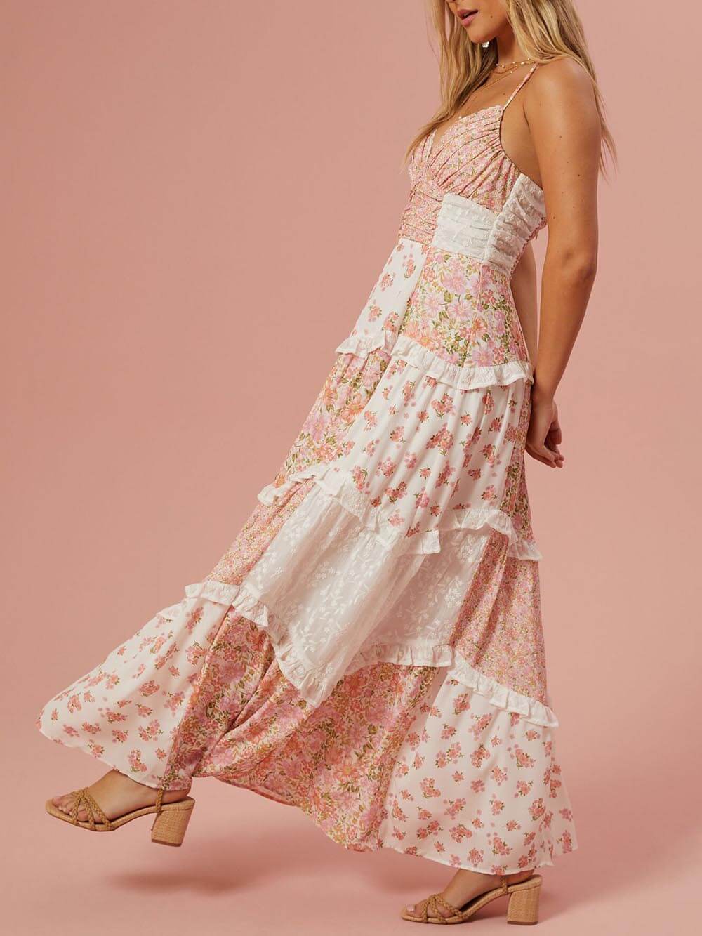 Patchwork-Maxikleid mit Retro-Blumendruck