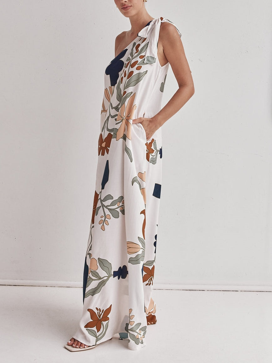 Bedrucktes One-Shoulder-Maxikleid