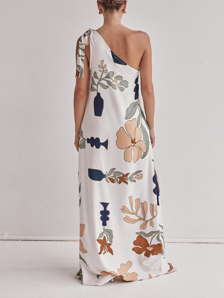 Bedrucktes One-Shoulder-Maxikleid