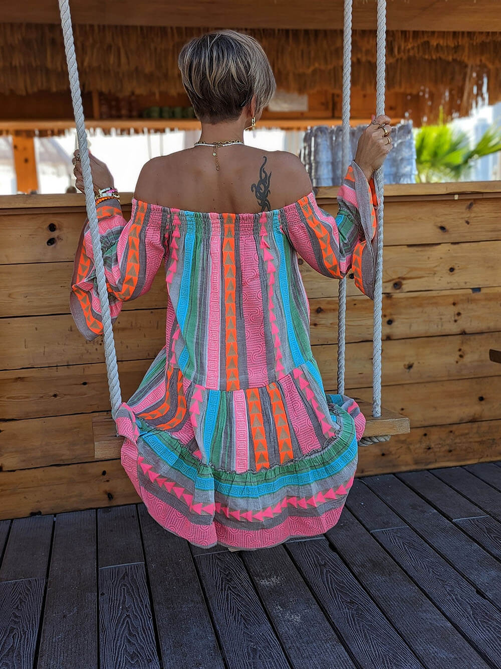 Lockeres Minikleid aus Leinenmischung mit ethnischem Print und schulterfreiem Schnitt