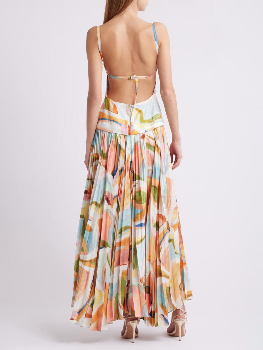 Einzigartiges, plissiertes Maxikleid mit offenem Rücken und abstraktem Print