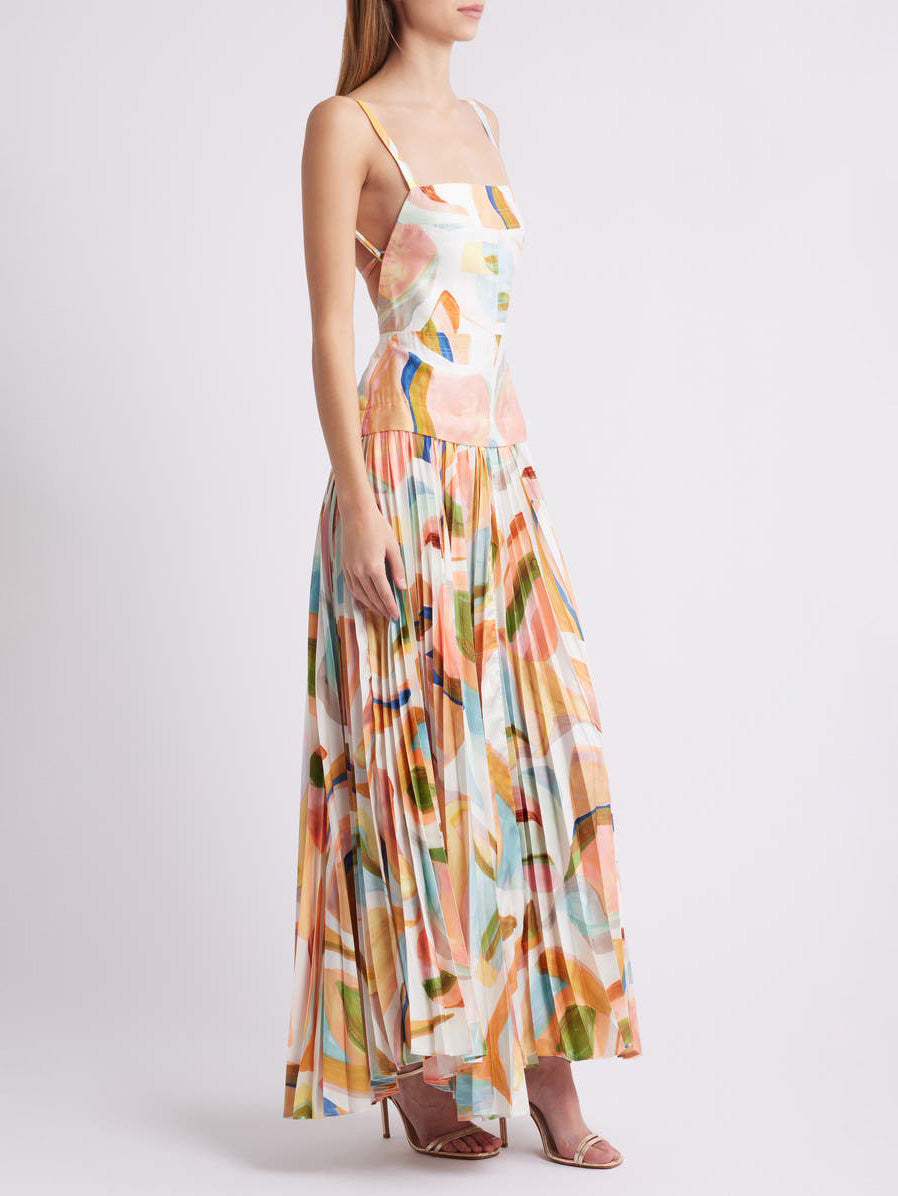 Einzigartiges, plissiertes Maxikleid mit offenem Rücken und abstraktem Print