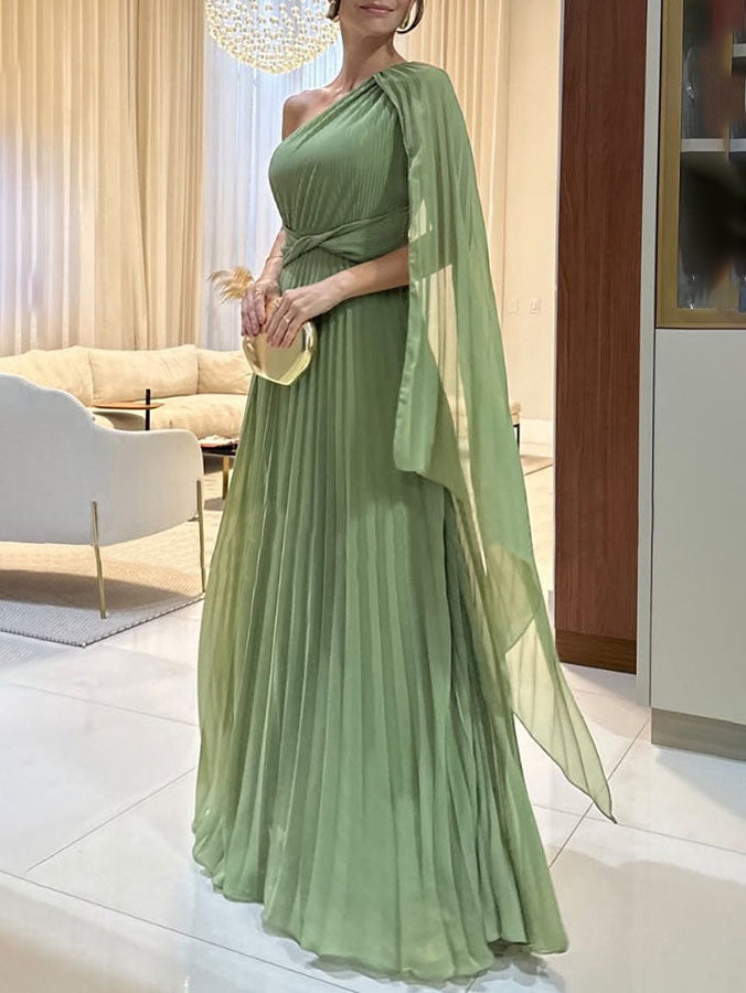 Elegantes, fließendes, plissiertes, schulterfreies Maxikleid