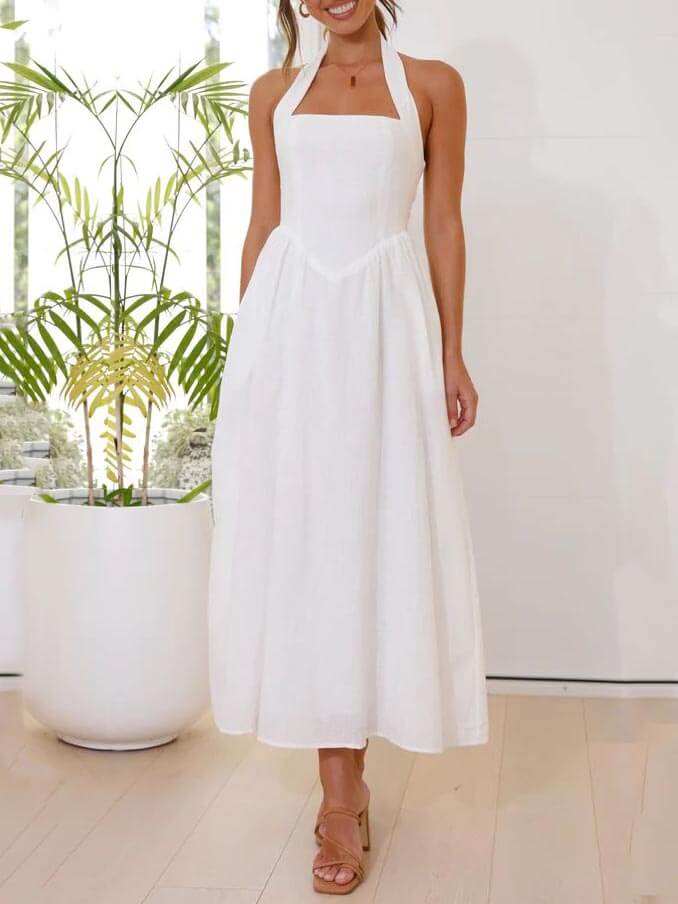 Taillen-kleines schwarzes Neckholder-Kleid, mittellanges Kleid