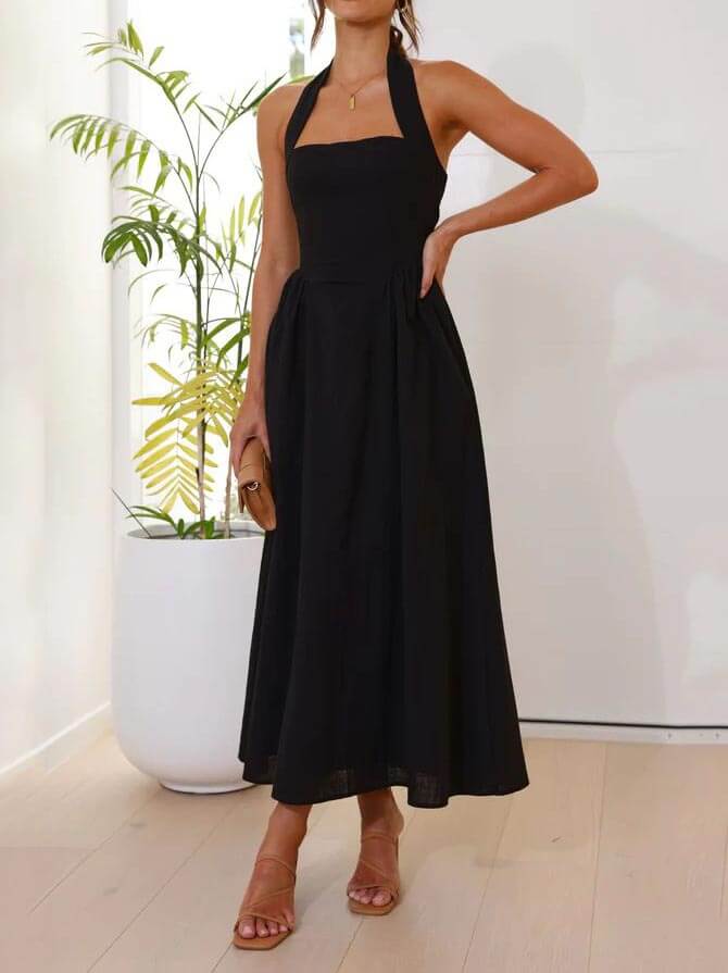 Taillen-kleines schwarzes Neckholder-Kleid, mittellanges Kleid
