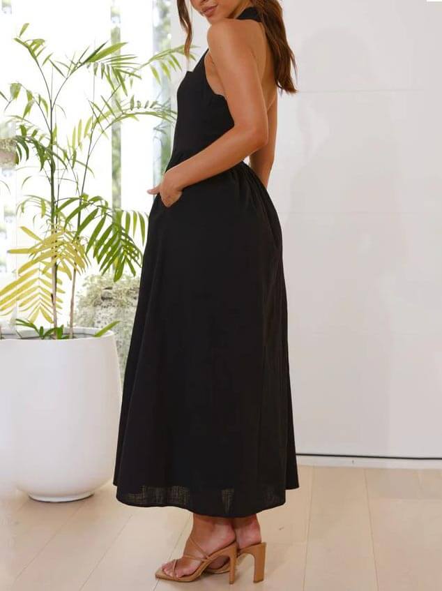 Taillen-kleines schwarzes Neckholder-Kleid, mittellanges Kleid
