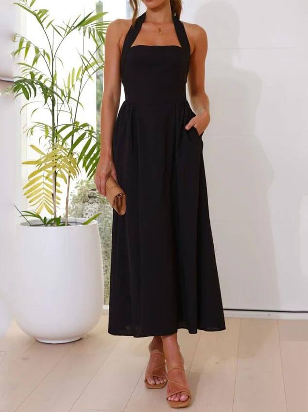 Taillen-kleines schwarzes Neckholder-Kleid, mittellanges Kleid
