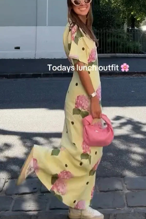 Jasmine – Maxikleid aus Leinenmischung mit Blumenmuster und Punkten und weiten Ärmeln
