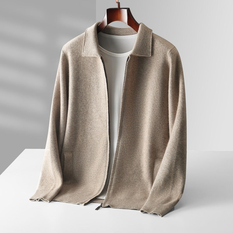POLO-CARDIGAN AUS EXTRAFEINER MERINOWOLLE MIT REISSVERSCHLUSS