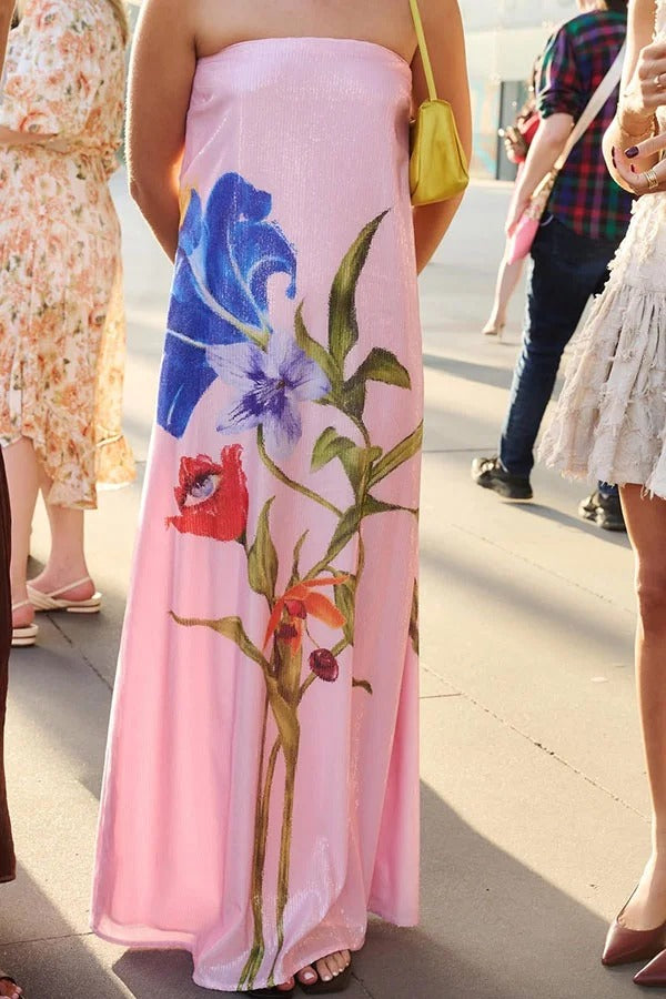 Special Night – Schulterfreies Maxikleid in A-Linie mit Pailletten und Blumenmuster