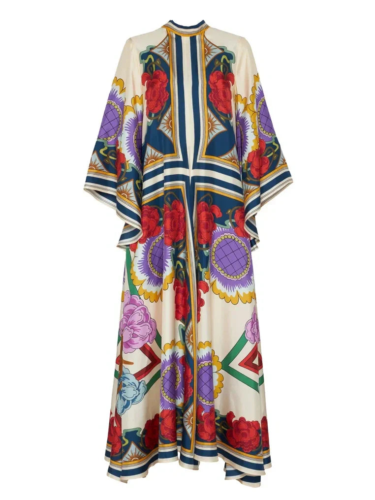 Exquisites Maxikleid mit Blumendruck und drapierten Wasserfallärmeln