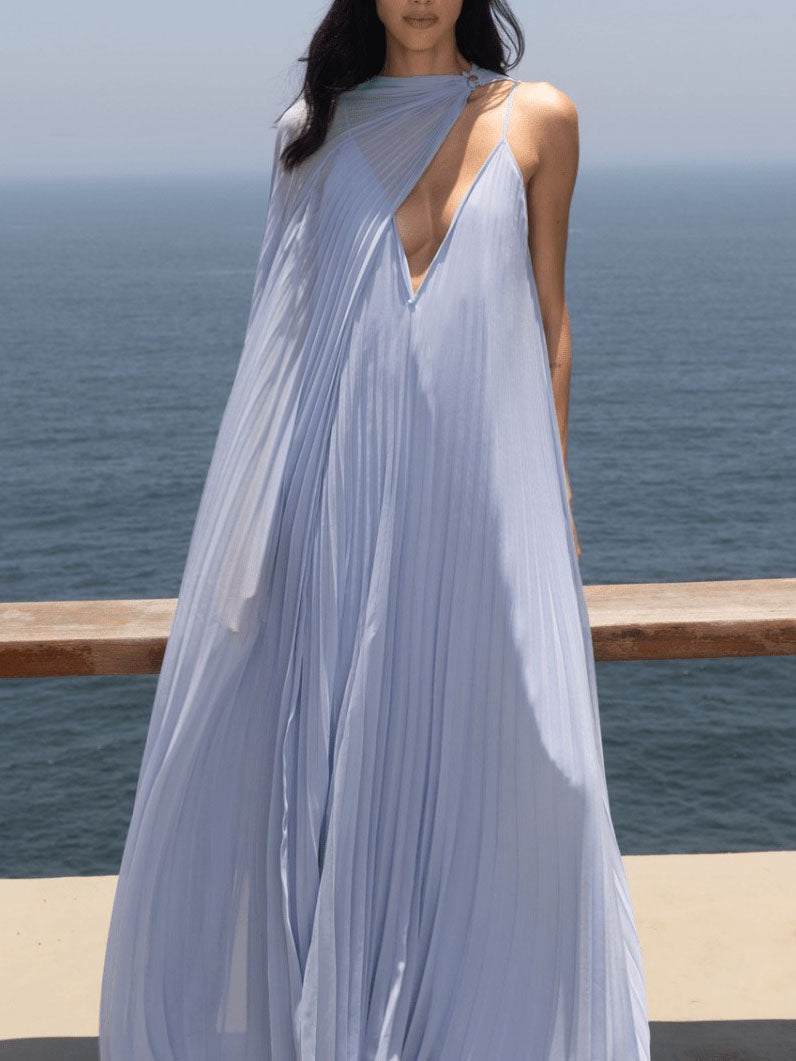 Elegantes, fließendes Maxikleid mit V-Ausschnitt und Plissee