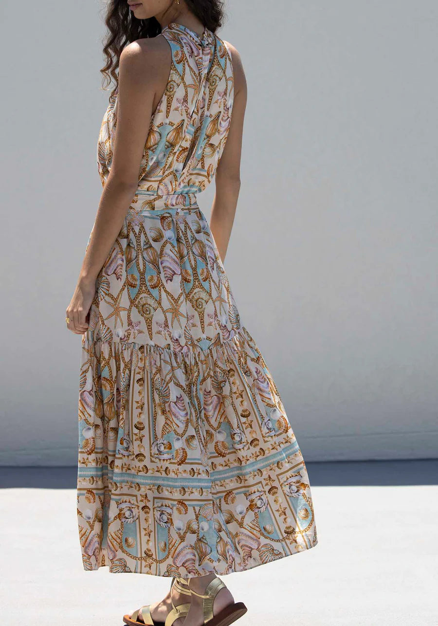 Exquisites Maxikleid aus Satin mit „Ocean Treasure“-Print