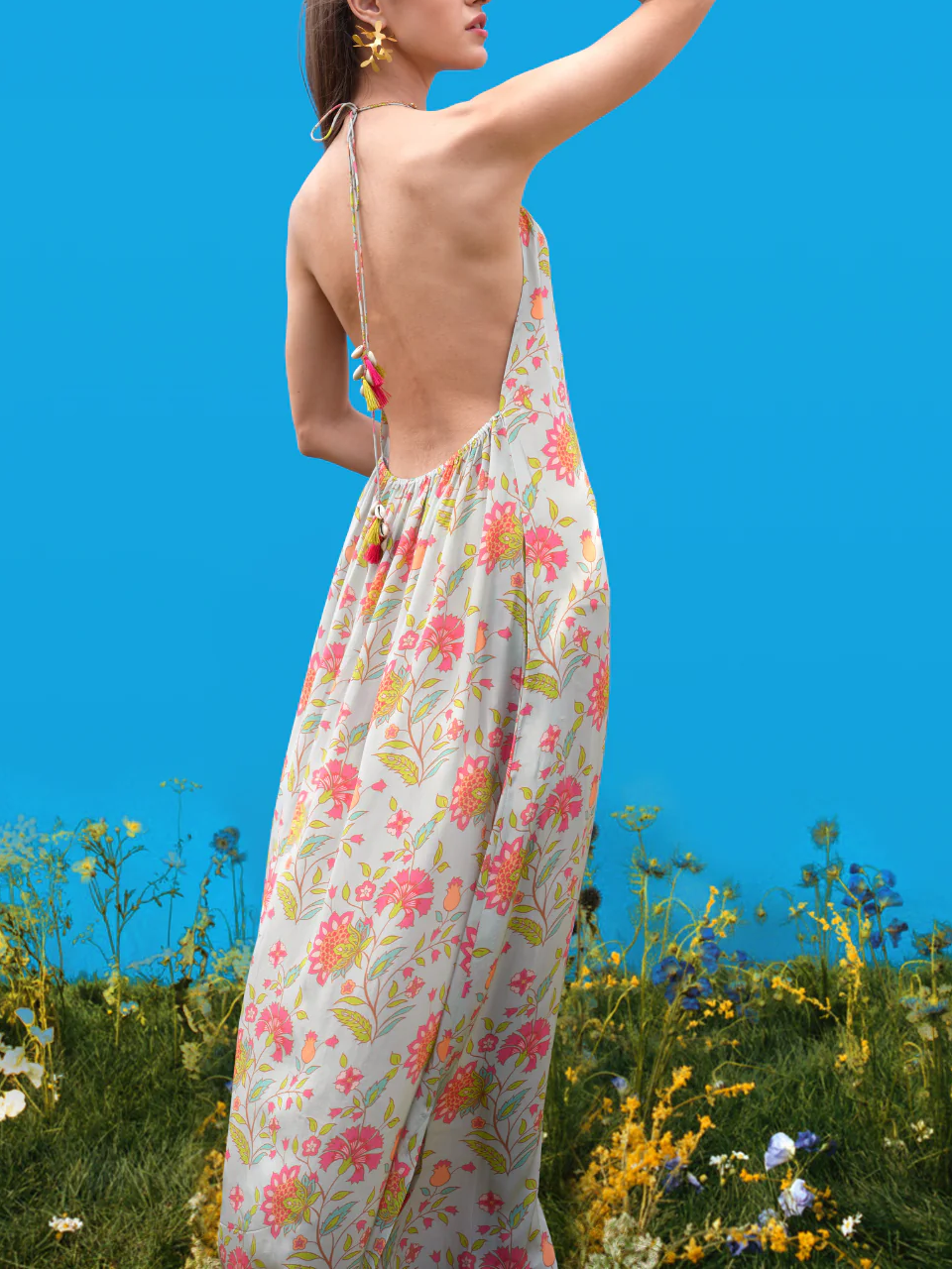 Neckholder-Maxikleid mit handgezeichneten Drucken