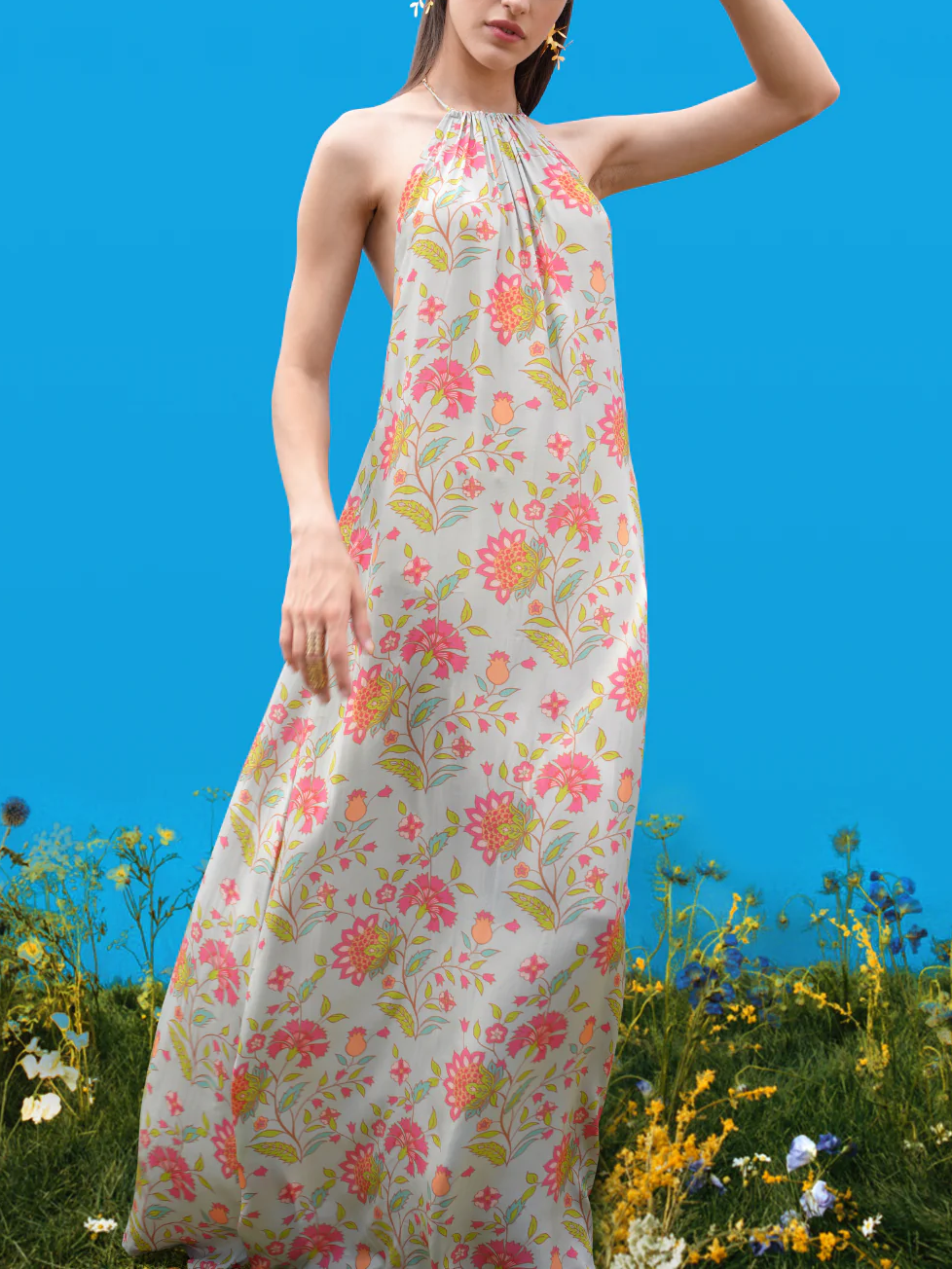 Neckholder-Maxikleid mit handgezeichneten Drucken