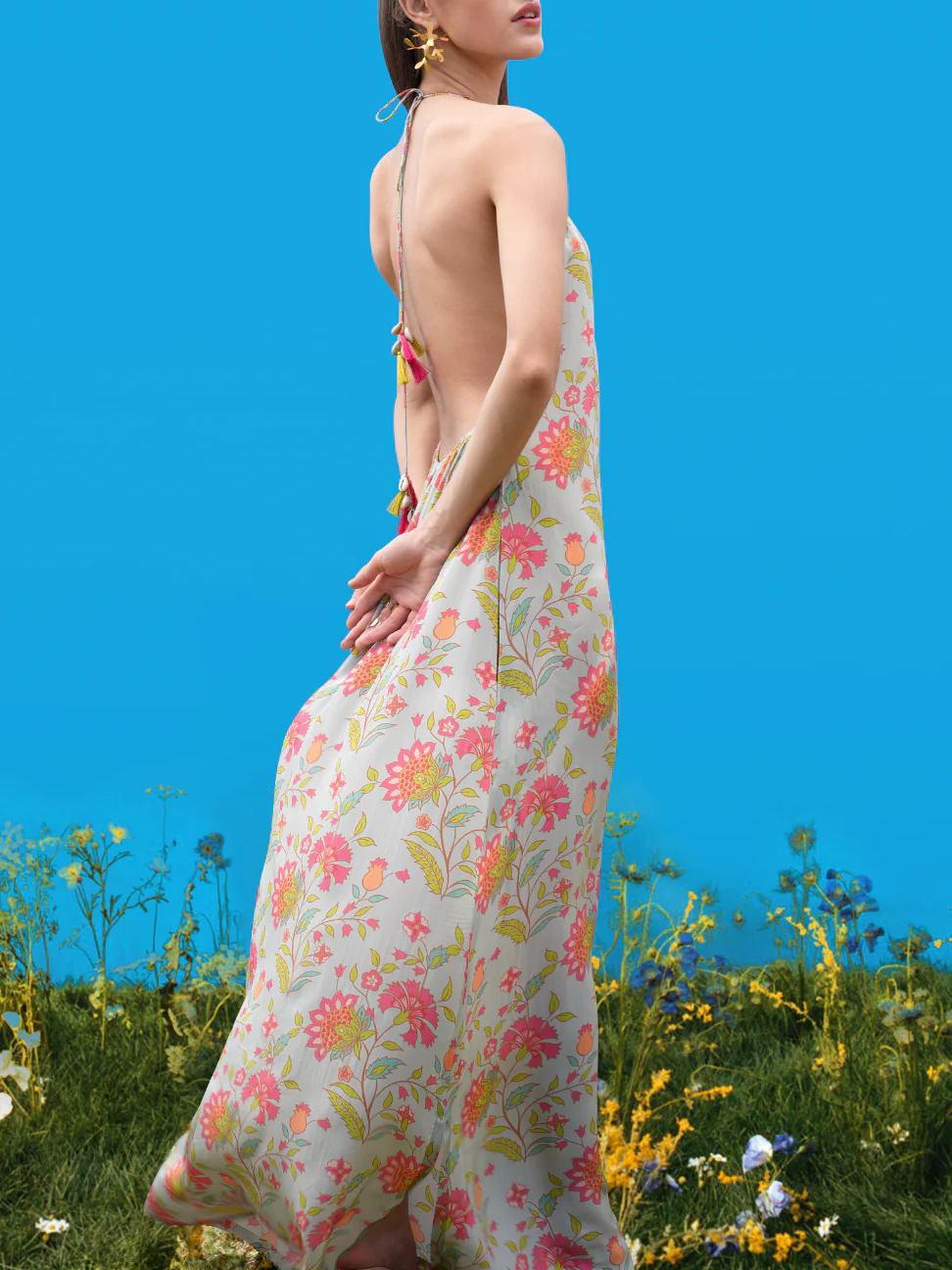 Neckholder-Maxikleid mit handgezeichneten Drucken