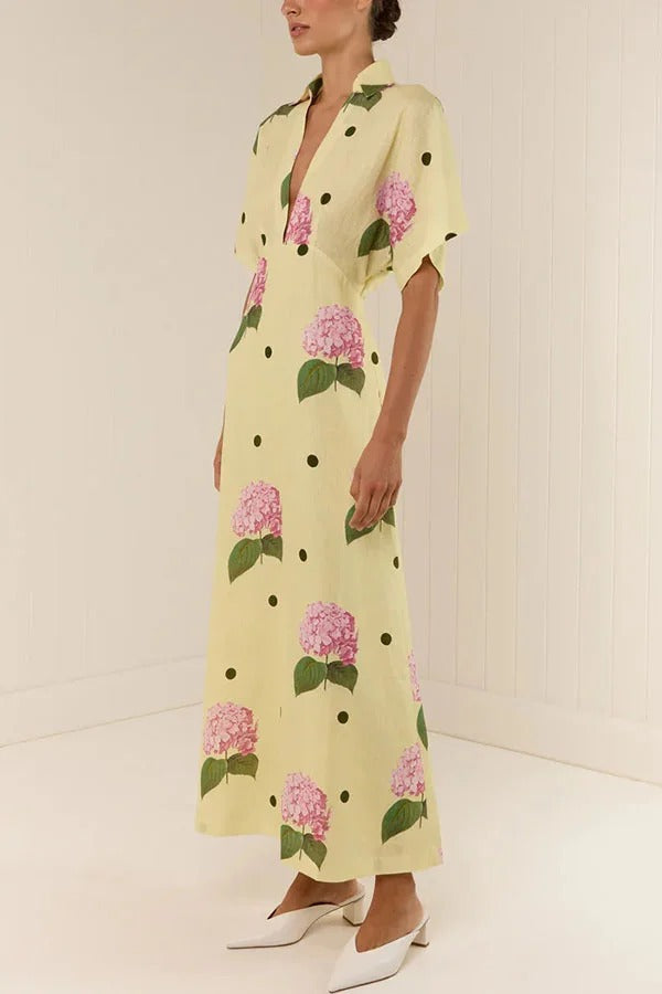 Jasmine – Maxikleid aus Leinenmischung mit Blumenmuster und Punkten und weiten Ärmeln