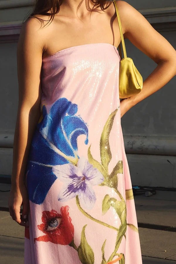 Special Night – Schulterfreies Maxikleid in A-Linie mit Pailletten und Blumenmuster