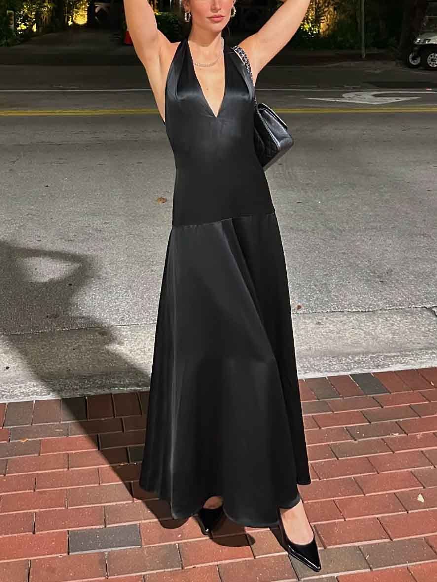 Elegantes Neckholder-Maxikleid mit tiefem V-Ausschnitt