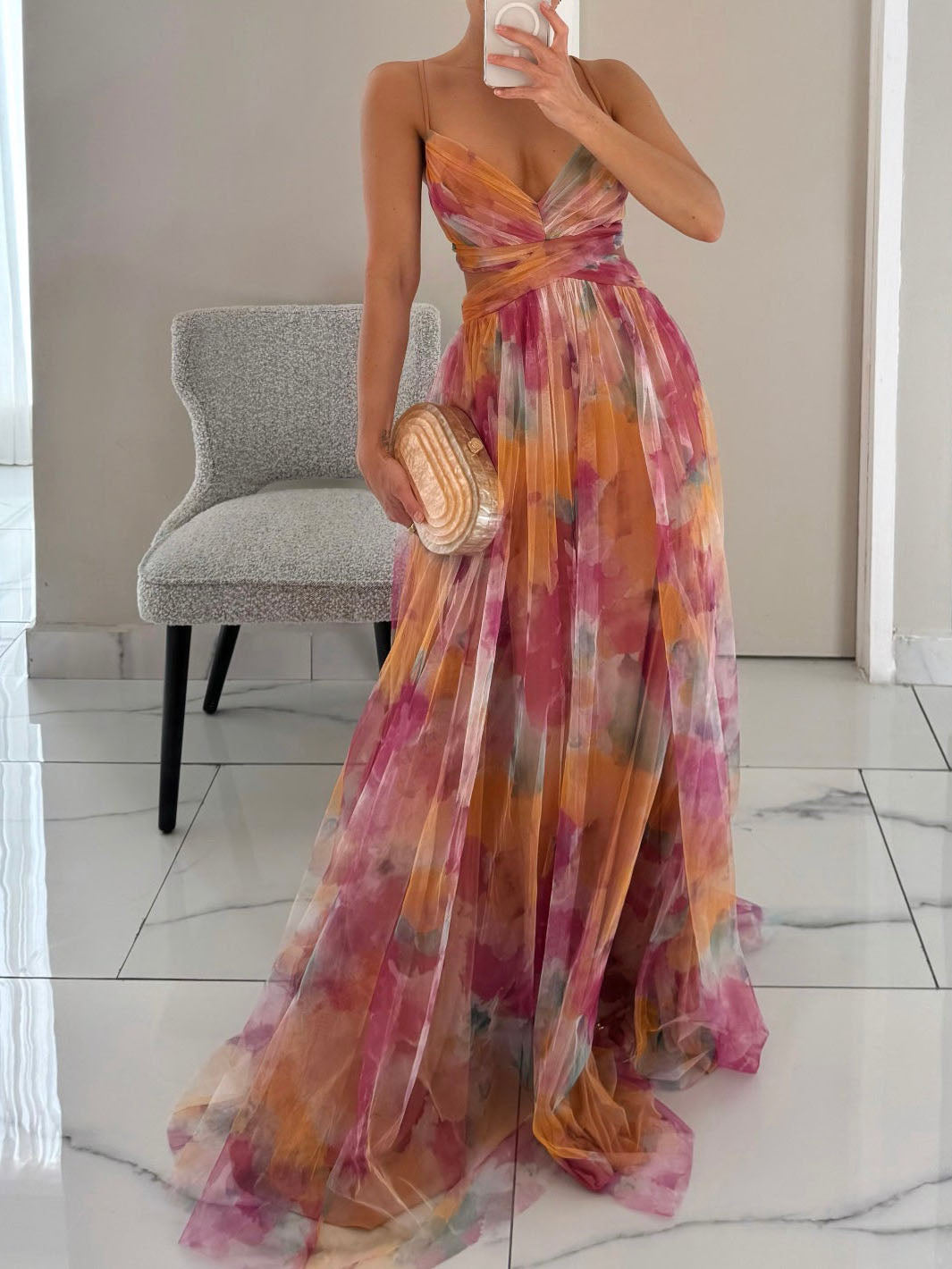 Elegantes Maxikleid in A-Linie mit V-Ausschnitt und Blumenmuster