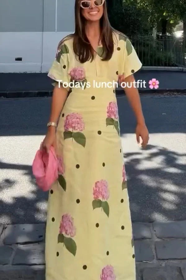 Jasmine – Maxikleid aus Leinenmischung mit Blumenmuster und Punkten und weiten Ärmeln