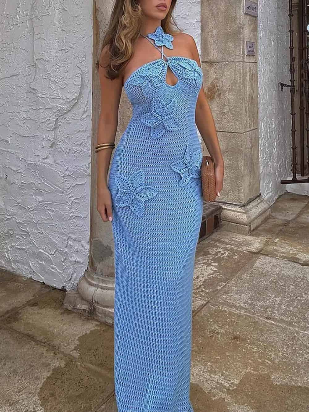 Neckholder-Maxikleider mit 3D-Blumendekor und figurbetontem Häkeldesign