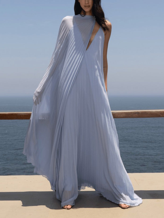 Elegantes, fließendes Maxikleid mit V-Ausschnitt und Plissee