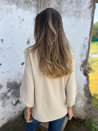 Round Neck Embroidered Large Cuffs Casual Shirt