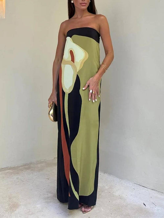 Schulterfreies, modisches, ärmelloses Maxikleid mit Kontrastmuster