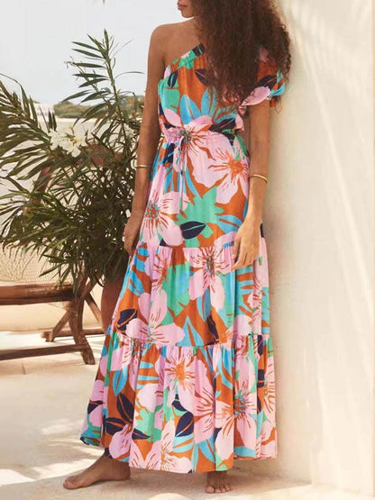 Schulterfreies Kleid mit Blumenmuster im Urlaubsstil und Palmenblatt-Print
