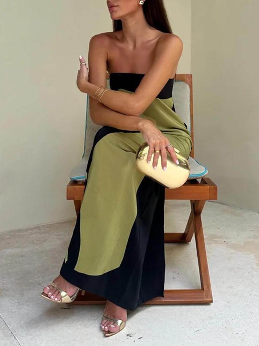 Schulterfreies, modisches, ärmelloses Maxikleid mit Kontrastmuster