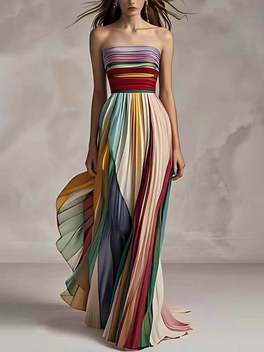 Elegantes, gestreiftes, bedrucktes, schulterfreies, plissiertes Bandeau-Maxikleid