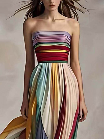 Elegantes, gestreiftes, bedrucktes, schulterfreies, plissiertes Bandeau-Maxikleid