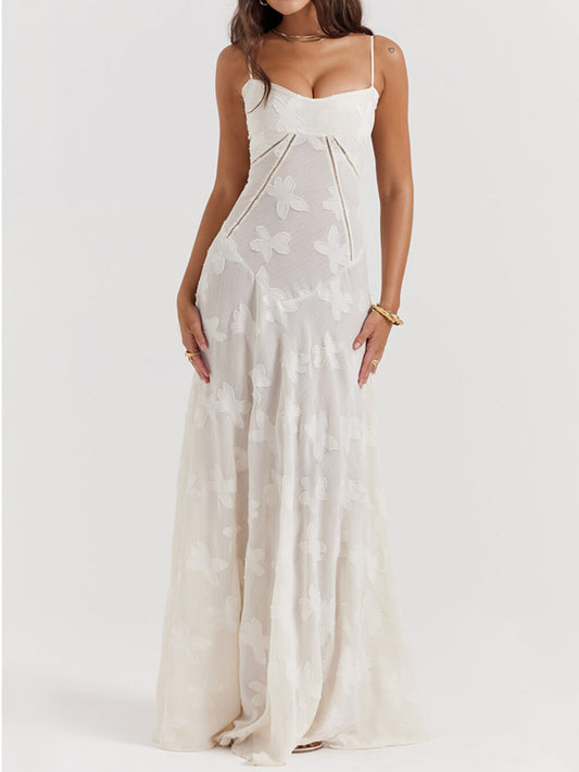 Cremefarbenes Vintage Maxikleid mit floraler Spitze hinten