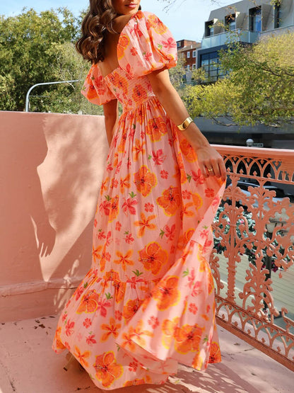 Maxikleid mit Puffärmeln, Blumendruck auf der Rückseite und gesmokten Taschen