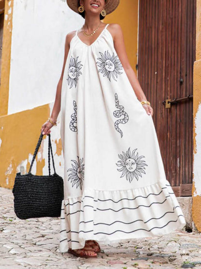 Einzigartiges Kleid mit V-Ausschnitt und ethnischem „Under The Sun“-Aufdruck