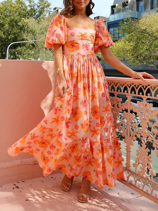 Maxikleid mit Puffärmeln, Blumendruck auf der Rückseite und gesmokten Taschen