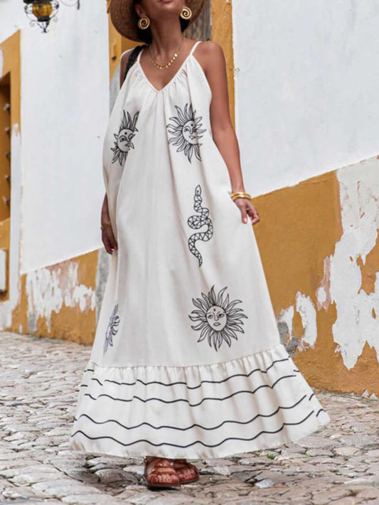 Einzigartiges Kleid mit V-Ausschnitt und ethnischem „Under The Sun“-Aufdruck