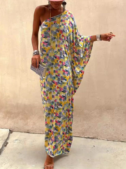 Lässiges, schulterfreies Maxikleid mit Tintenfarbdruck