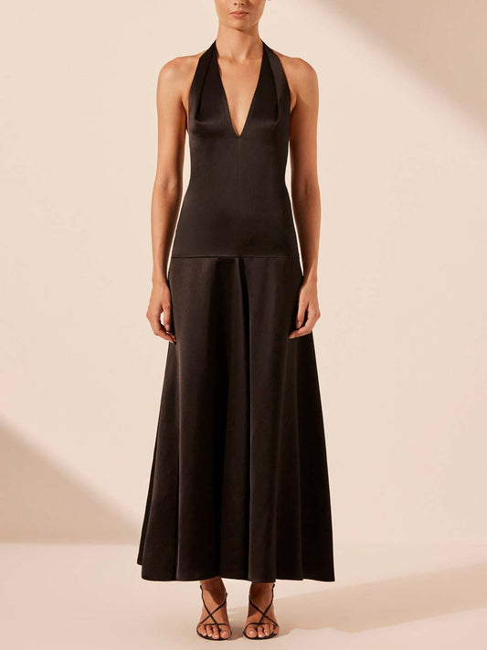 Elegantes Neckholder-Maxikleid mit tiefem V-Ausschnitt
