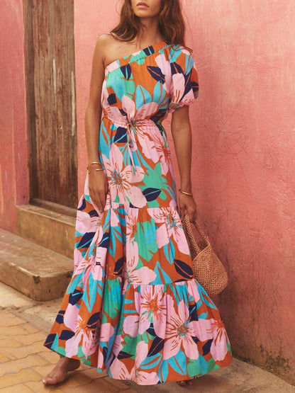 Schulterfreies Kleid mit Blumenmuster im Urlaubsstil und Palmenblatt-Print
