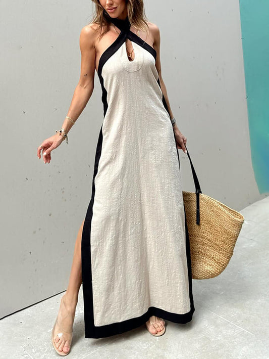 Neckholder-Maxikleid mit Schlitz und Farbblock
