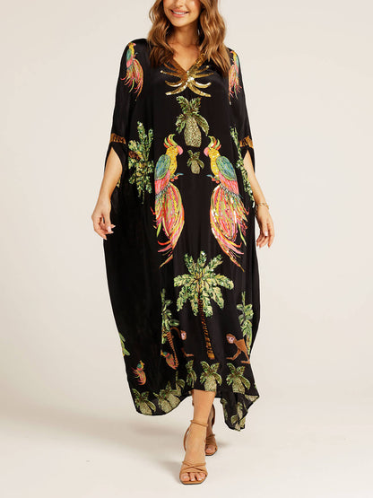 Einzigartiges Kleid mit überschnittenen Schultern und Kokosnussbaum-Print